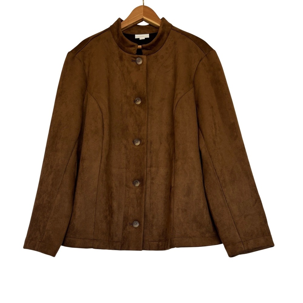 J. Jill Womens Brown‎ Faux Suede Stand Collar Button Front Jacket XL Old Money
